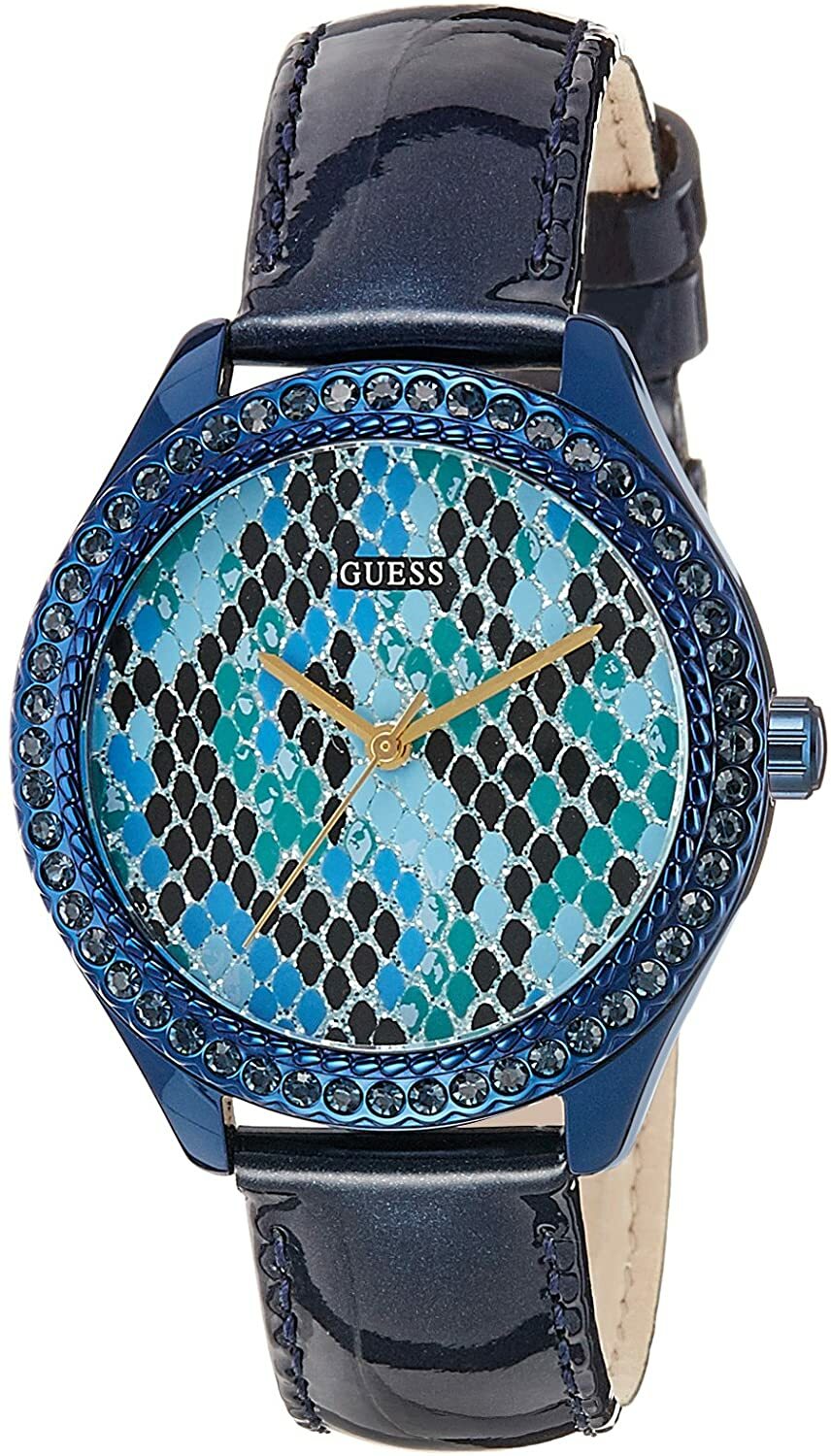 GUESS WOMEN’S WATCH REPTILE PRINT dial NAVY BLUE shiny leather STRAP W0626L3