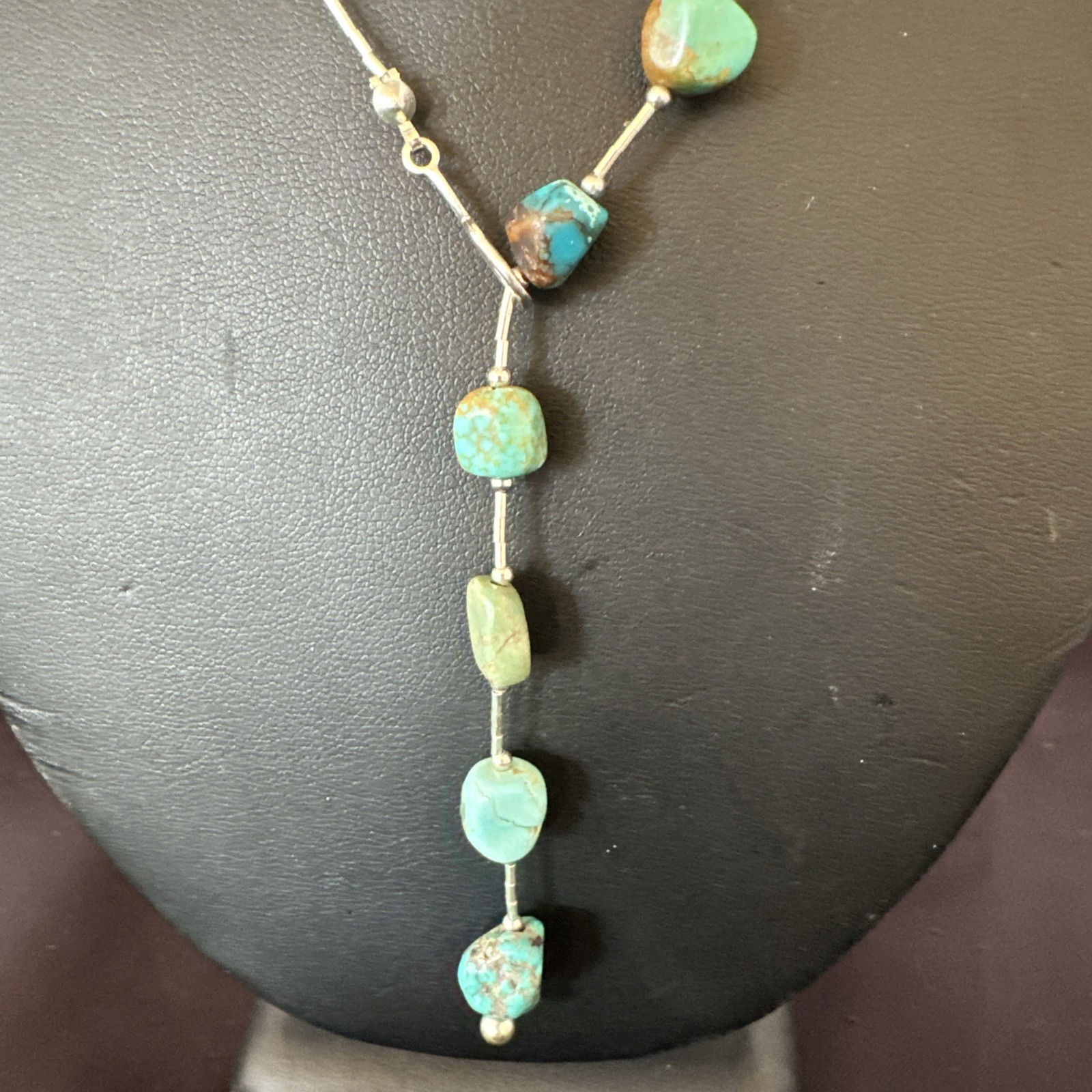 Green Turquoise Liquid Heishi Sterling Silver Nugget 20″ Necklace 19046
