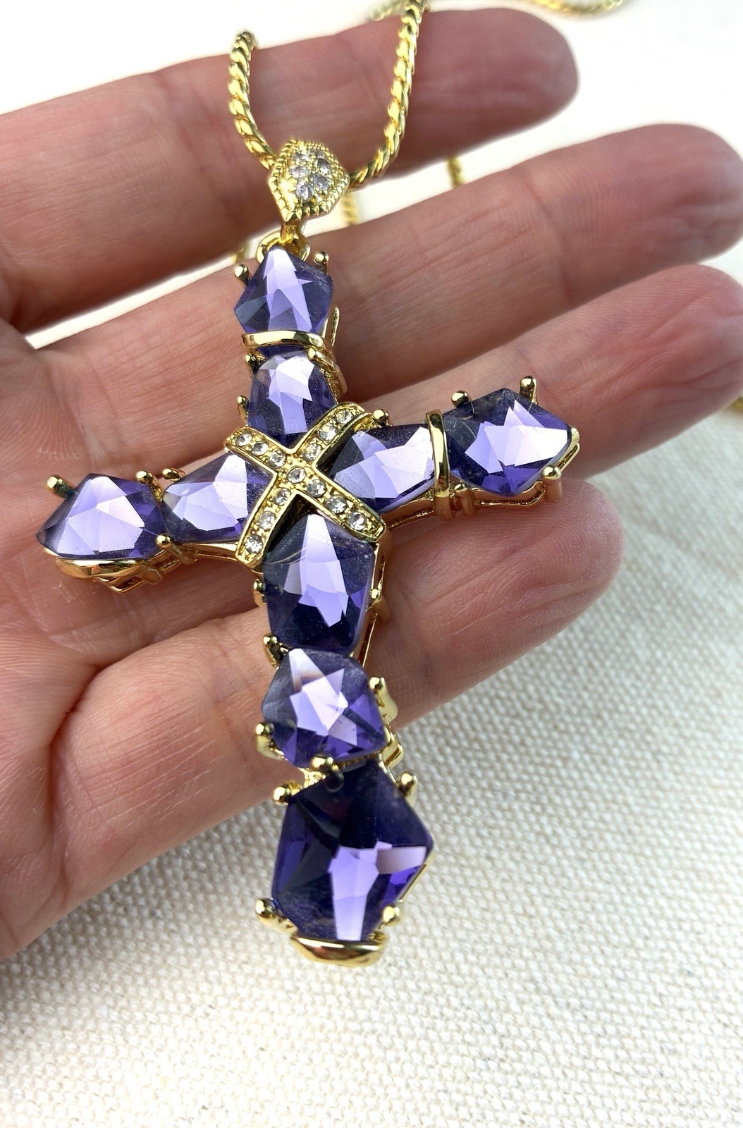 Real Collectibles Adrienne Amethyst Crystal Cross Necklace Gold HSN Box & Card