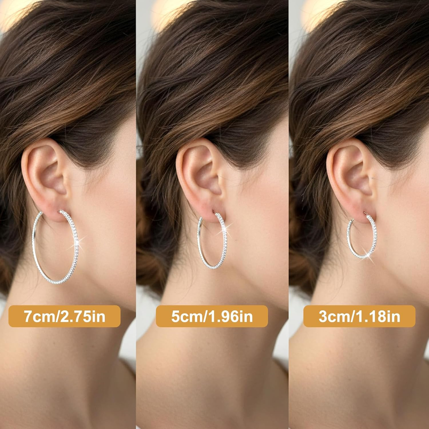 3 Pairs Rhinestone Hoop Earrings Set, 3/5/7 Cm Shiny round Party Lightweight Rhi