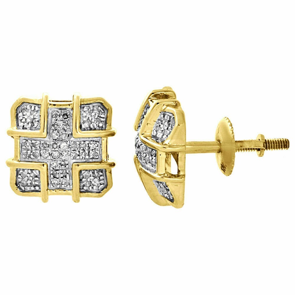 14K Yellow Gold FN Diamond Domed Square 10.50mm Earrings 0.22 Ct. Lab Created