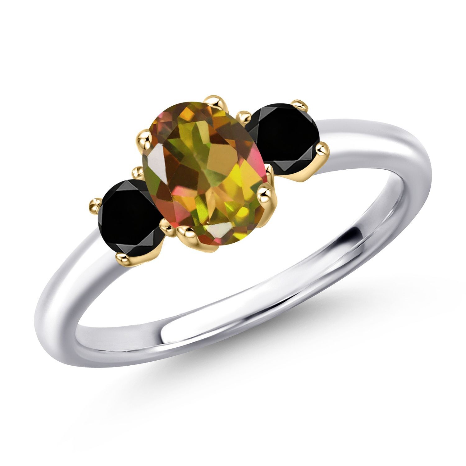 925 Silver and 10K Yellow Gold Mango Mystic Topaz and Black Diamond Engagement