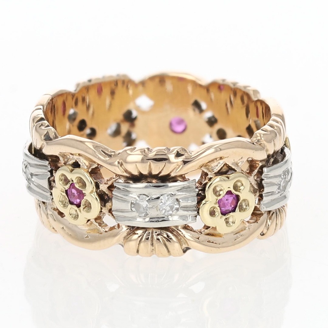 .31ctw Ruby and Diamond Flower Design Eternity Band 14k Multi-Tone Gold Size 7.5