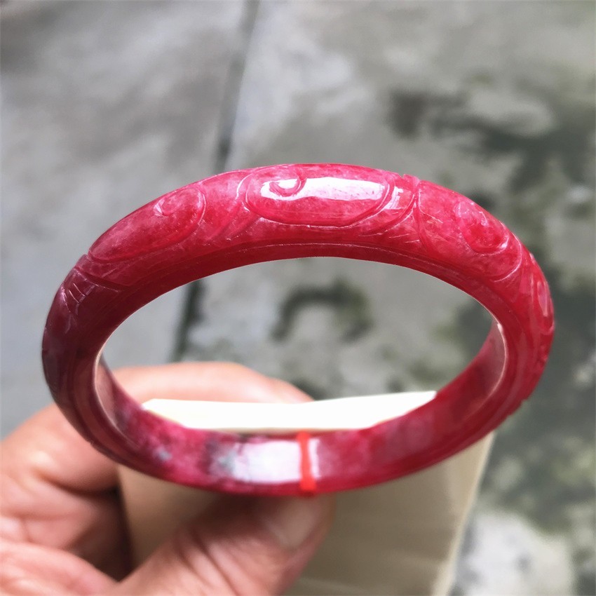61mm Natural Icy Red Jadeite Jade Bracelet Myanmar Carving Jade Bracelet