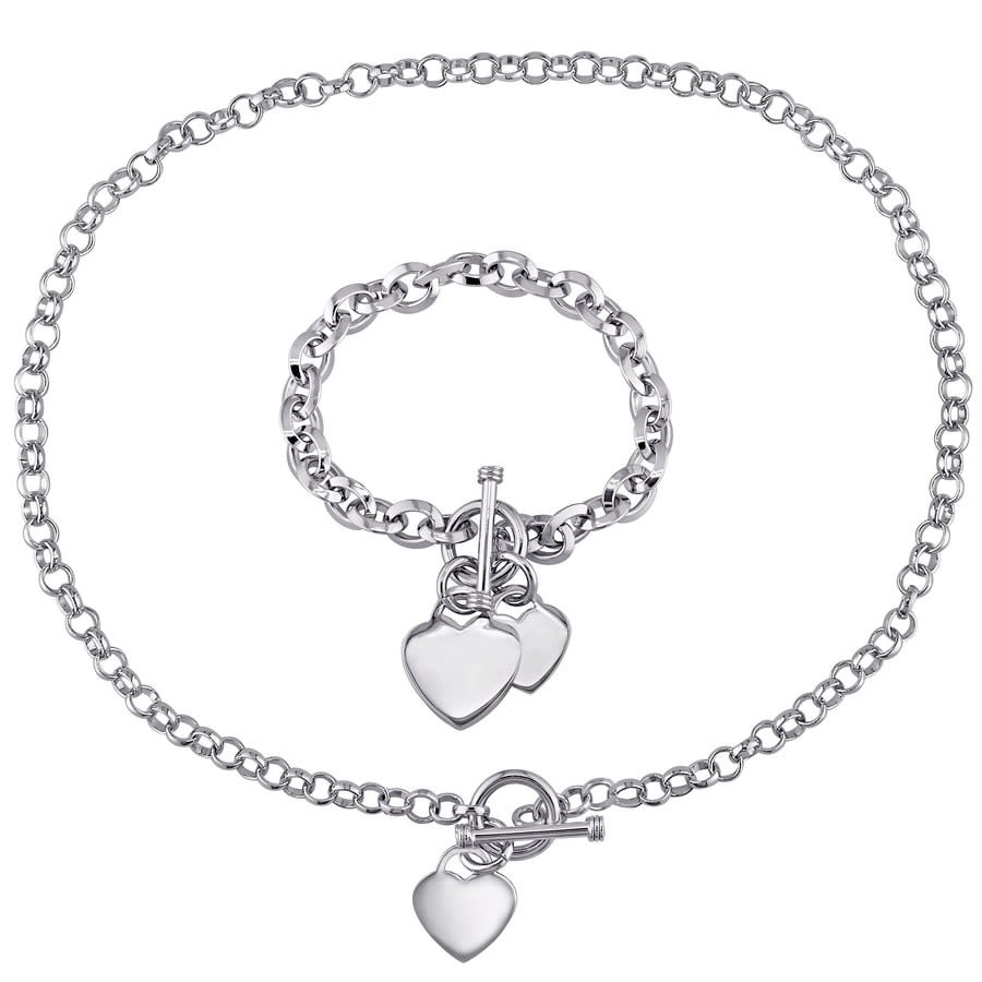 AMOUR Circle Link Heart Charm Necklace and Bracelet 2-piece Set In Sterling