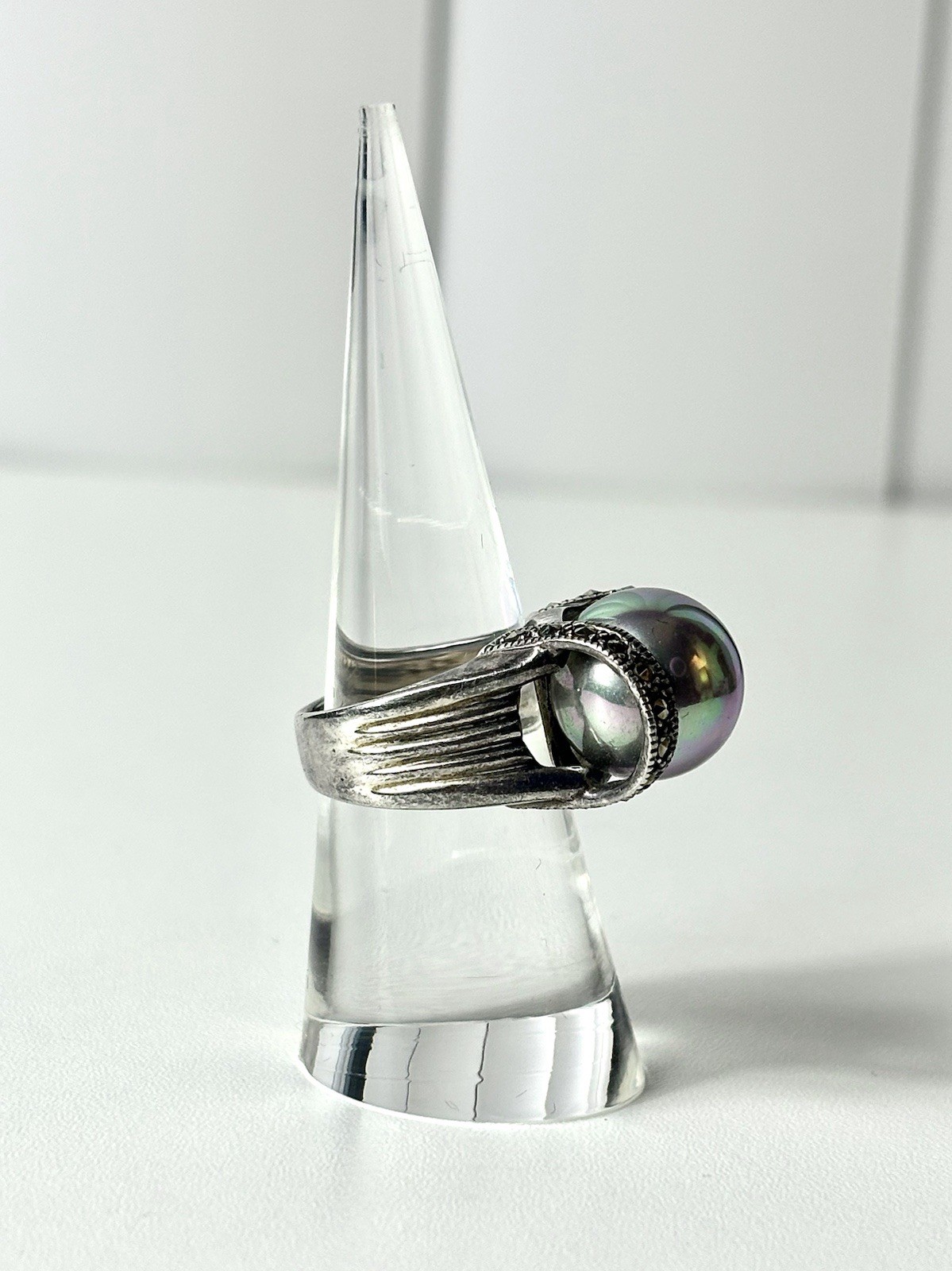 Vintage 925 Sterling Silver Faux Gray Pearl Ring, Size 6.75