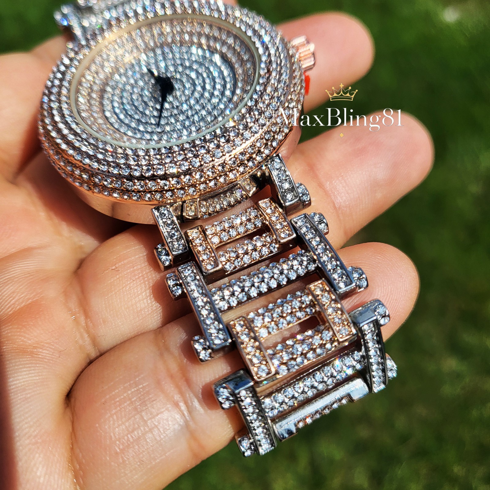 Men’s Hip Hop Iced Rose Gold / Silver Tone Bling Fashion Metal Band Watch Luxury