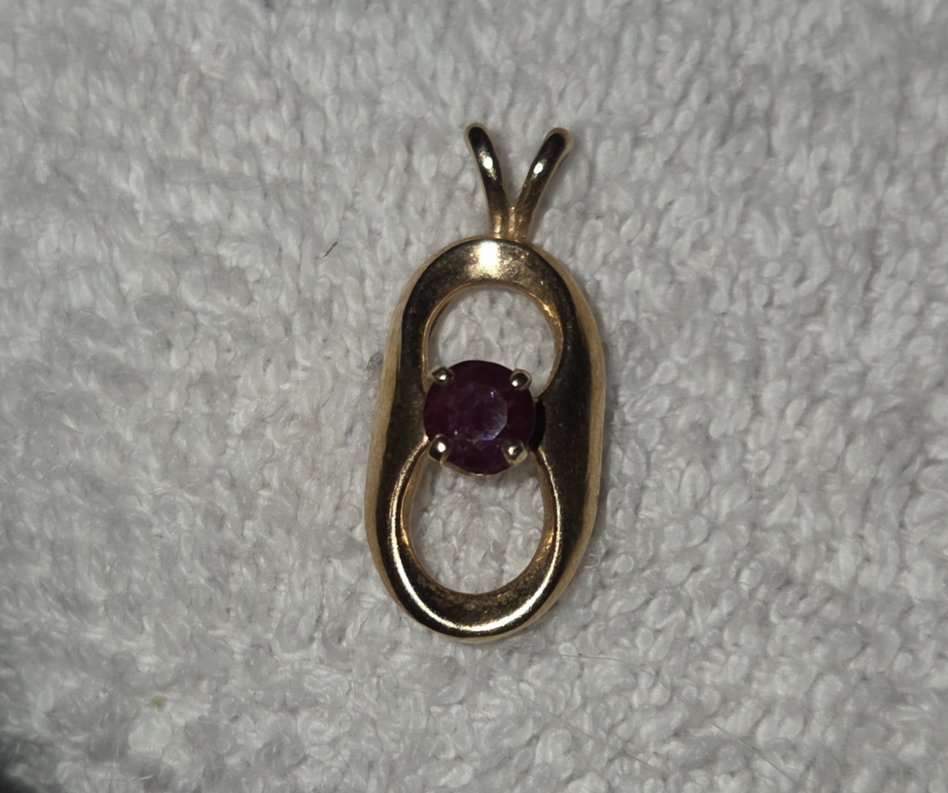 Vintage Open Oval Pendant with Round Red Stone Gold Tone Modernist Ruby