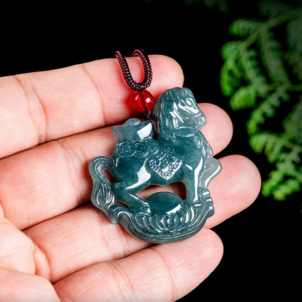 Certified Grade A Natural Green Jade jadeite Zodiac Horse Pendant Necklace