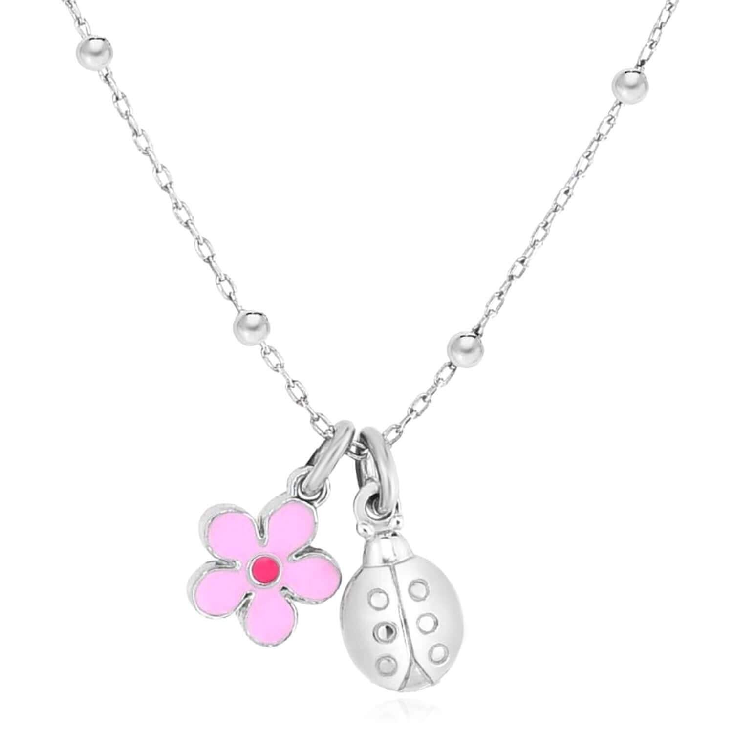 Sterling Silver Pink Flower Ladybug Necklace (Solid Links) 16″