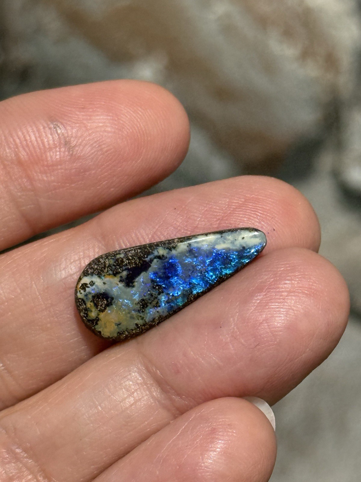9.35ct 24x10x5mm Flashy Dark Blue Natural Boulder Australian Opal Drop Cabochon