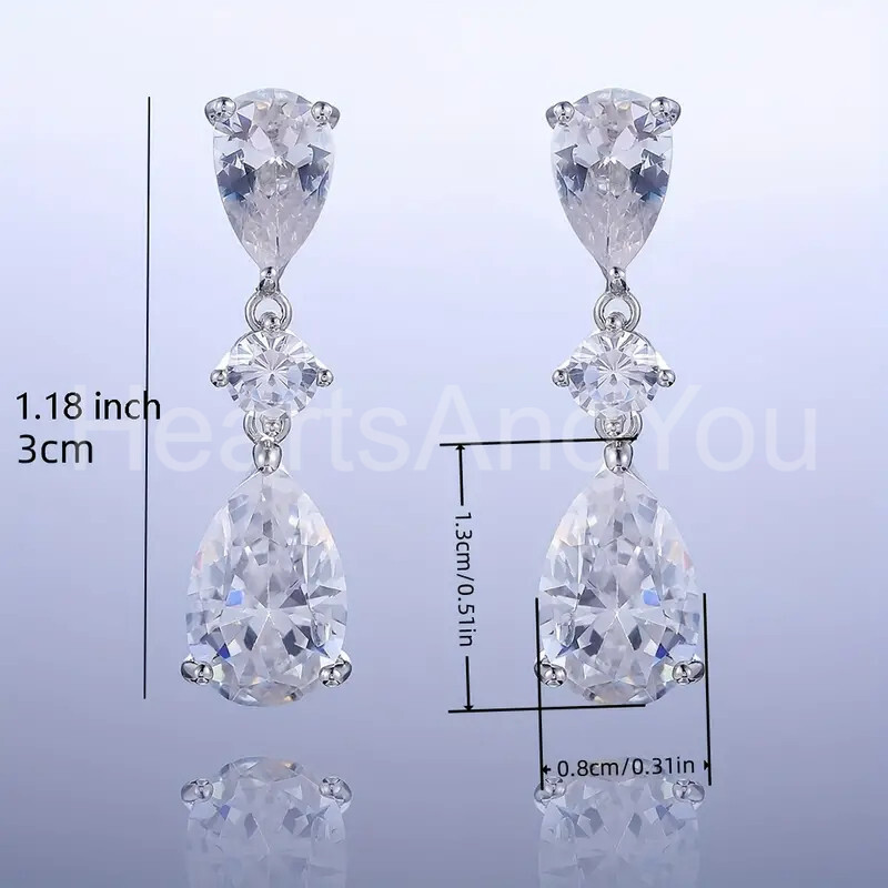 3ct Pear Cut Moissanite Three Stone Drop Dangle Earrings 14K White Gold Plated