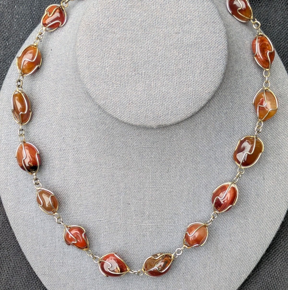 Wire Wrapped Tumbled Banded Agate 32.5″ Necklace ~ Red Orange Brown Gemstone F19