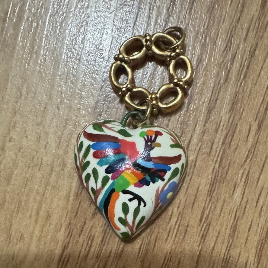 Gold Tone ceramic Heart Charm Pendant Necklace Hand-Painted Bird Mexican Art