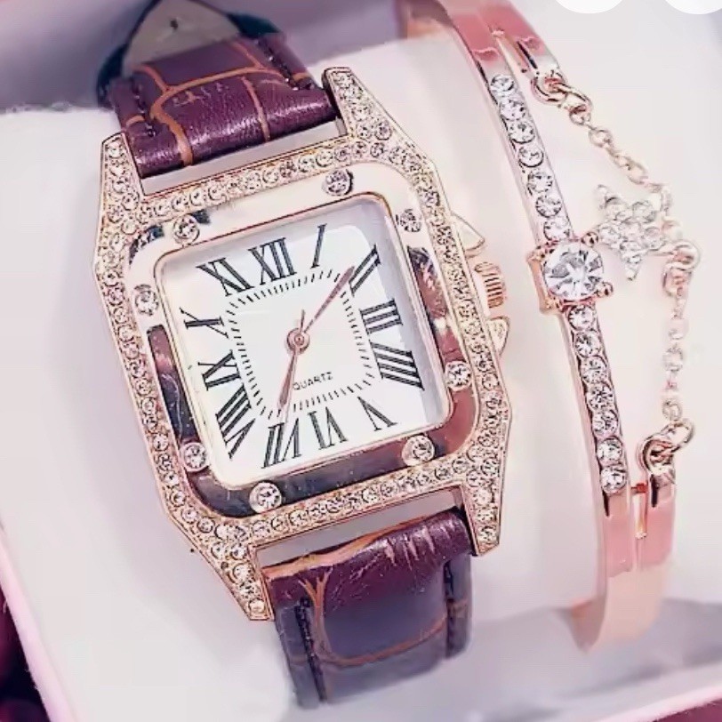 Women PU Leather Rhinestone Watch and Rose Gold Bracelet 2 Piece Set