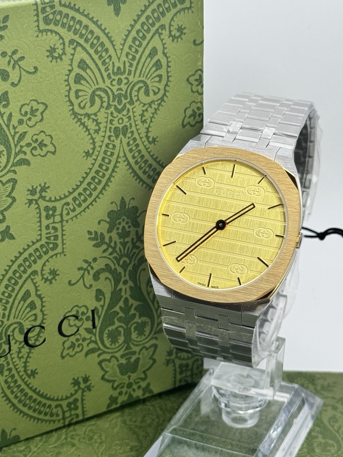 New Gucci 25H Golden Brass Dial YA163405 38mm Swiss Quartz Men’s Watch – Silver