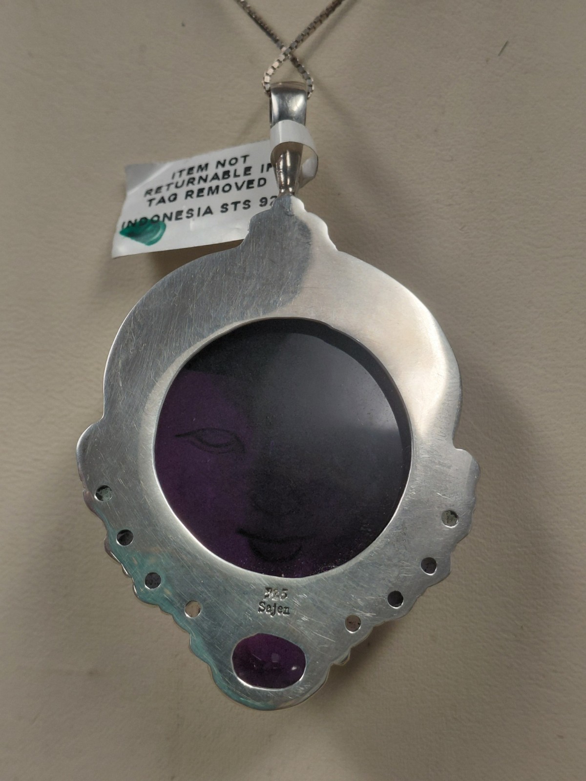 Sajen Sterling Silver Amethyst Carved Godess Face Pendant 2 1/4″ Long New NWT