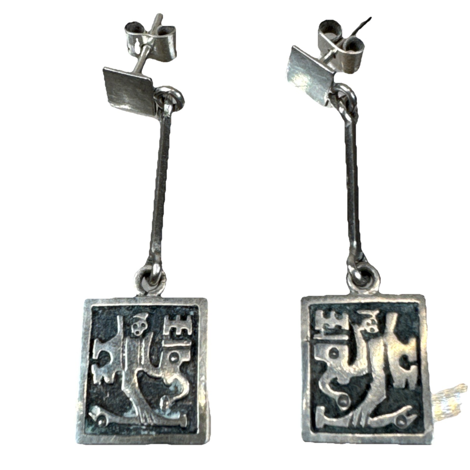RARE .925 Inlay Petroglyph Pierced Earrings Drop Rod Studs South American Look