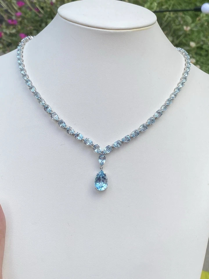 30ctw Pear Cut Sky Blue Topaz Statement 16″ Tennis Necklace White Gold Plated