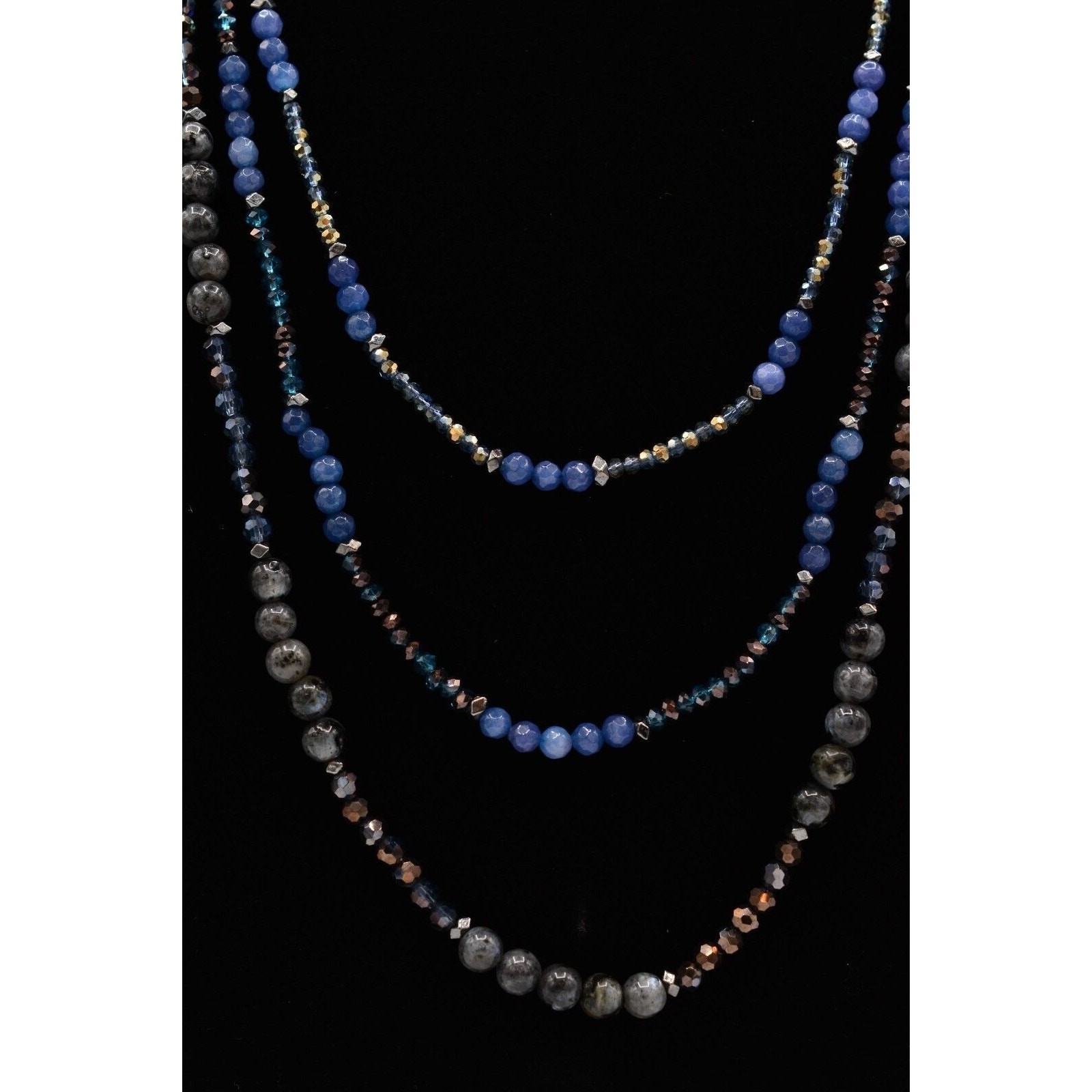 Nakamol Cabochon Necklace Blue Gray Crystal Beaded Chain Gold Tone SIgned 9J