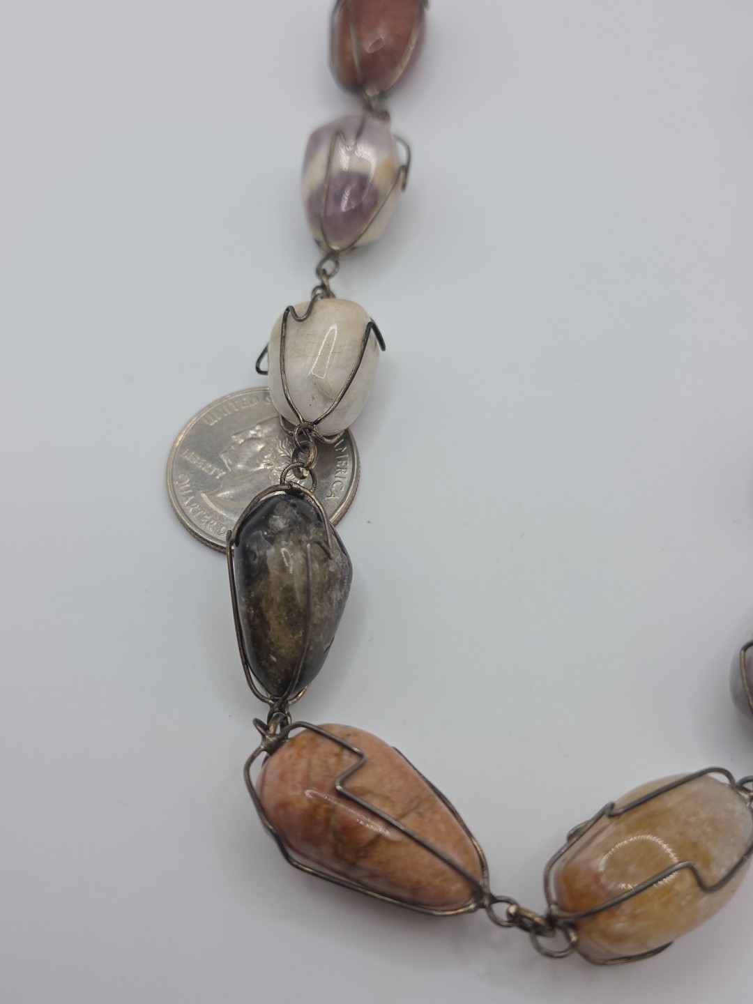 Vintage Sterling Silver 925 Tumbled Stones Wire Cage Necklace 20″ 114g