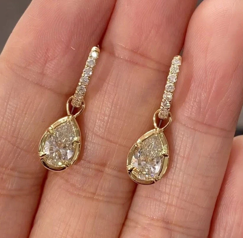 3 CT Pear EF-VS1 Lab Grown Diamond Wedding Drop Dangle Earrings 14K Yellow Gold