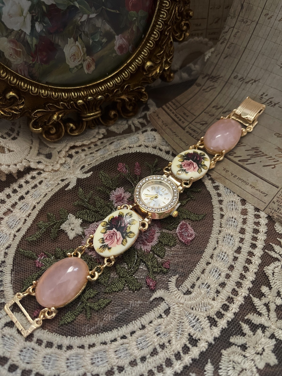 Vintage Rose Quartz Floral Bracelet Watch | Handmade Repurposed Gold Tone Unique