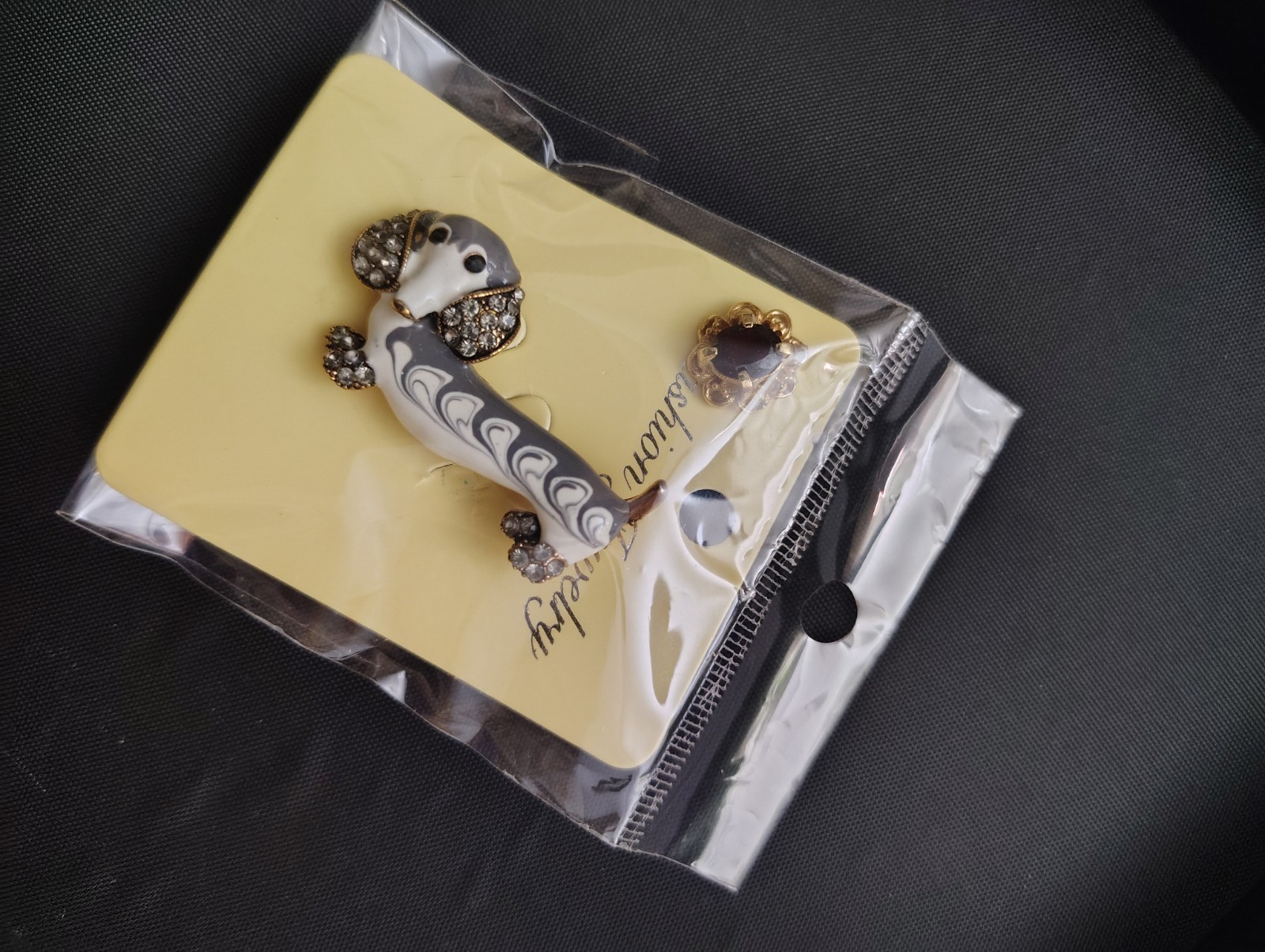 Enamel Dachshund/Weiner Dog Brooch Stick Pin Pavé Crystal Rhinestones Gray White