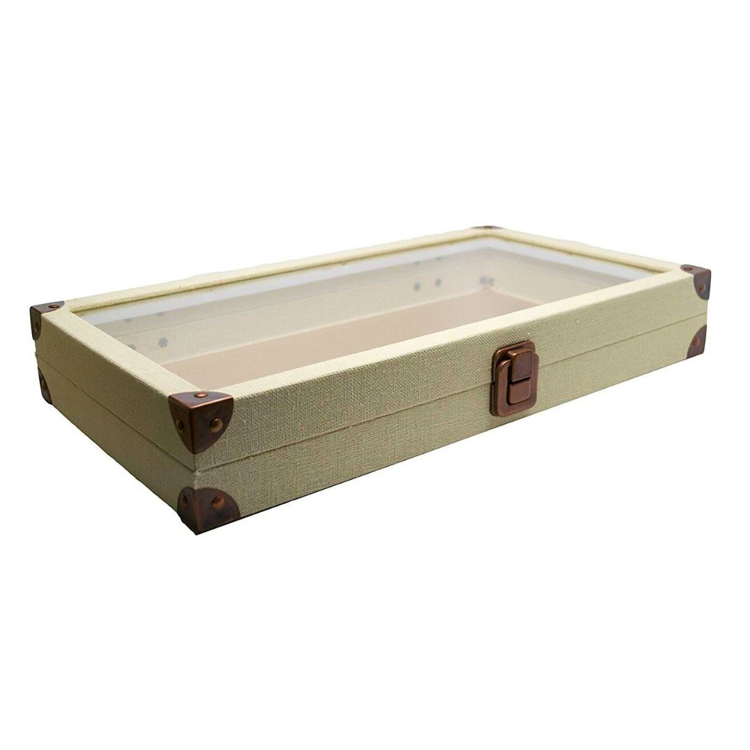 Novel Box Glass Top Linen Metal Clasp Jewelry Display Case With Gem Jar Insert