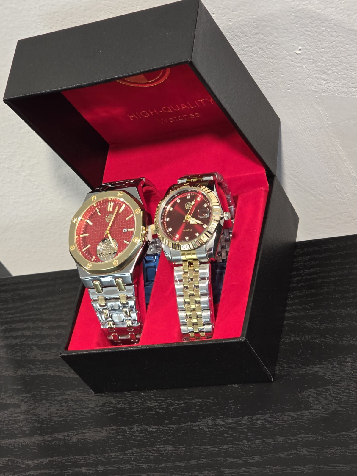 ​His and Hers Luxury Watch Matching Set Two-Tone Gold Silver Red Dial Gift Boxed