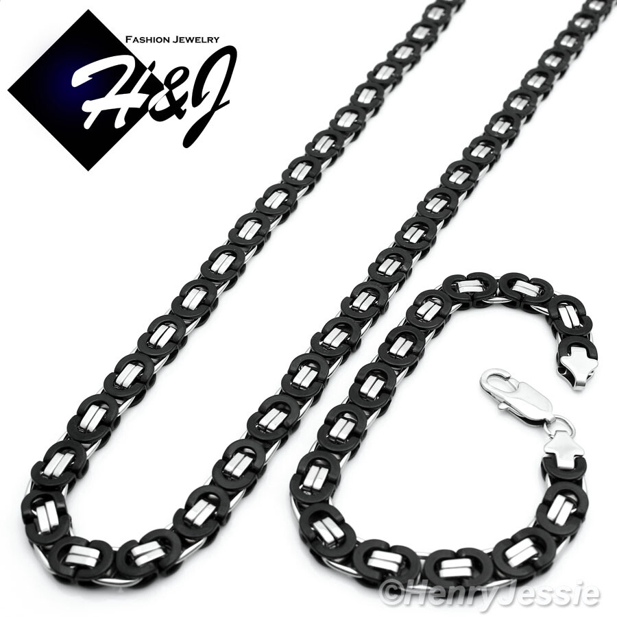 24″MEN Stainless Steel 8mm Silver/Black Plated Flat Box Link Necklace Bracelet