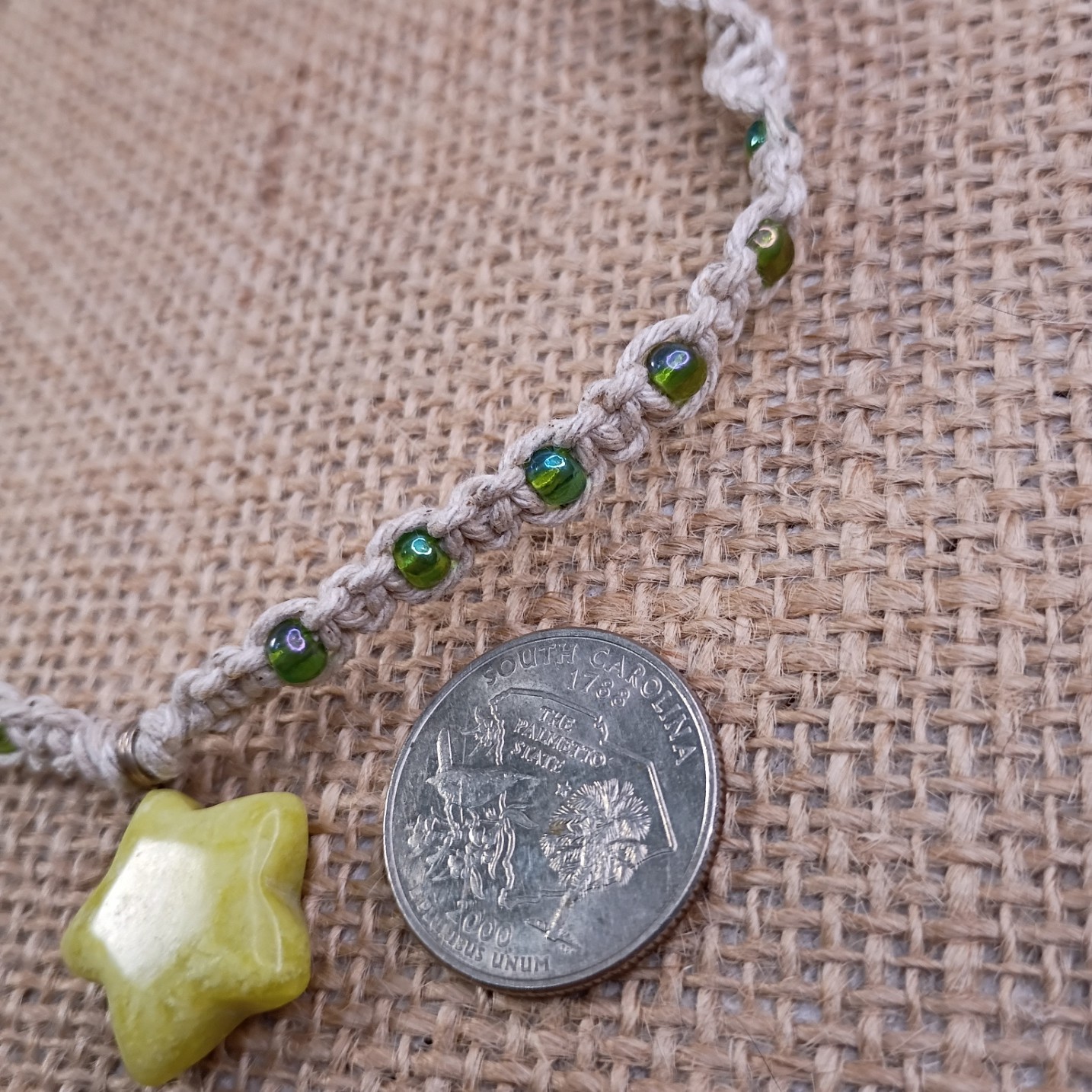 Natural Hemp Necklace w/ Jasper Star Charm & AB Beads, 16 -21 inch Ready to Ship