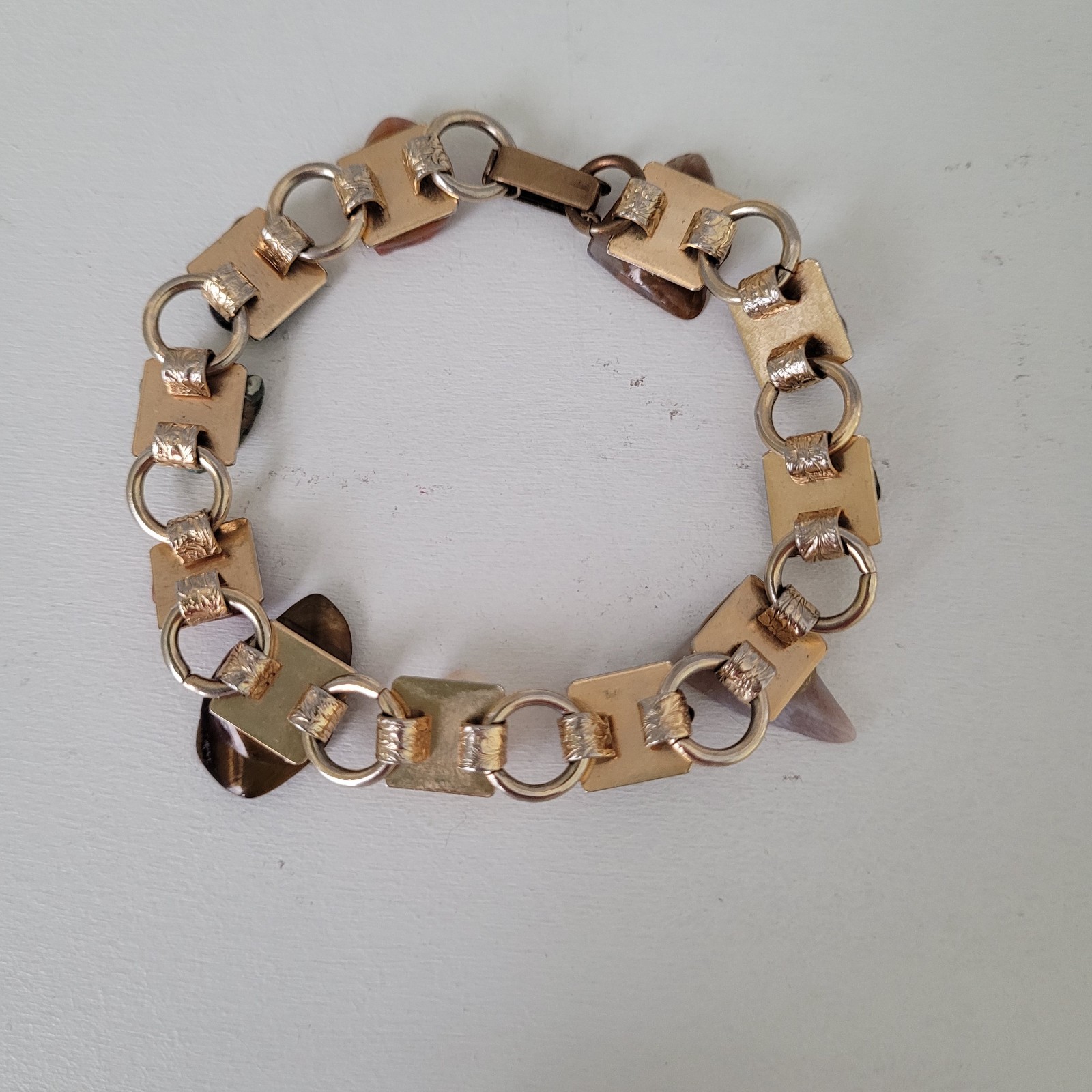 Vintage Gold-Tone Link Bracelet with Polished, Multi-Colored Natural Stones