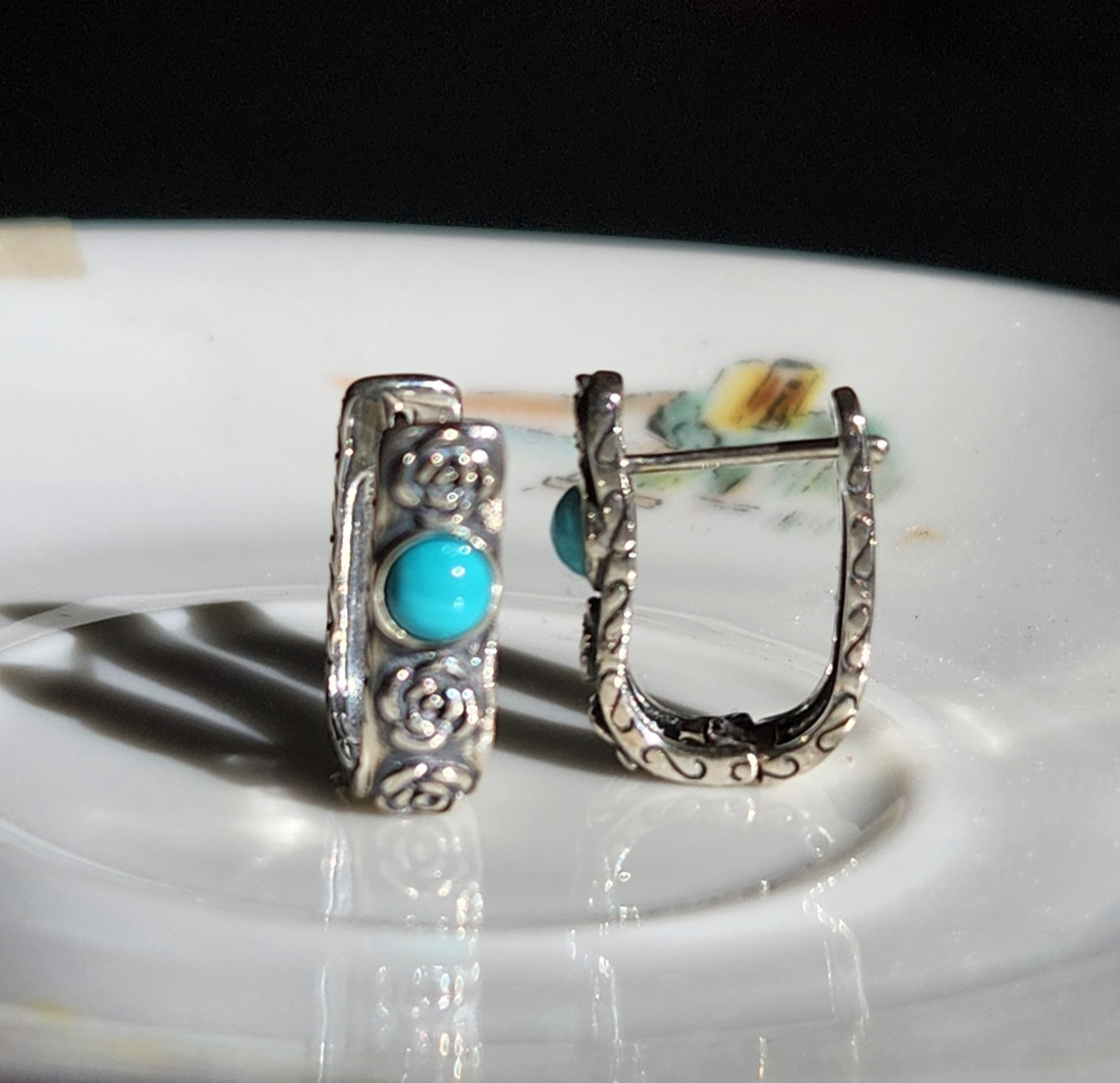925 Solid Silver 4mm Blue Turquoise English Lock Stud 5/8”Earrings