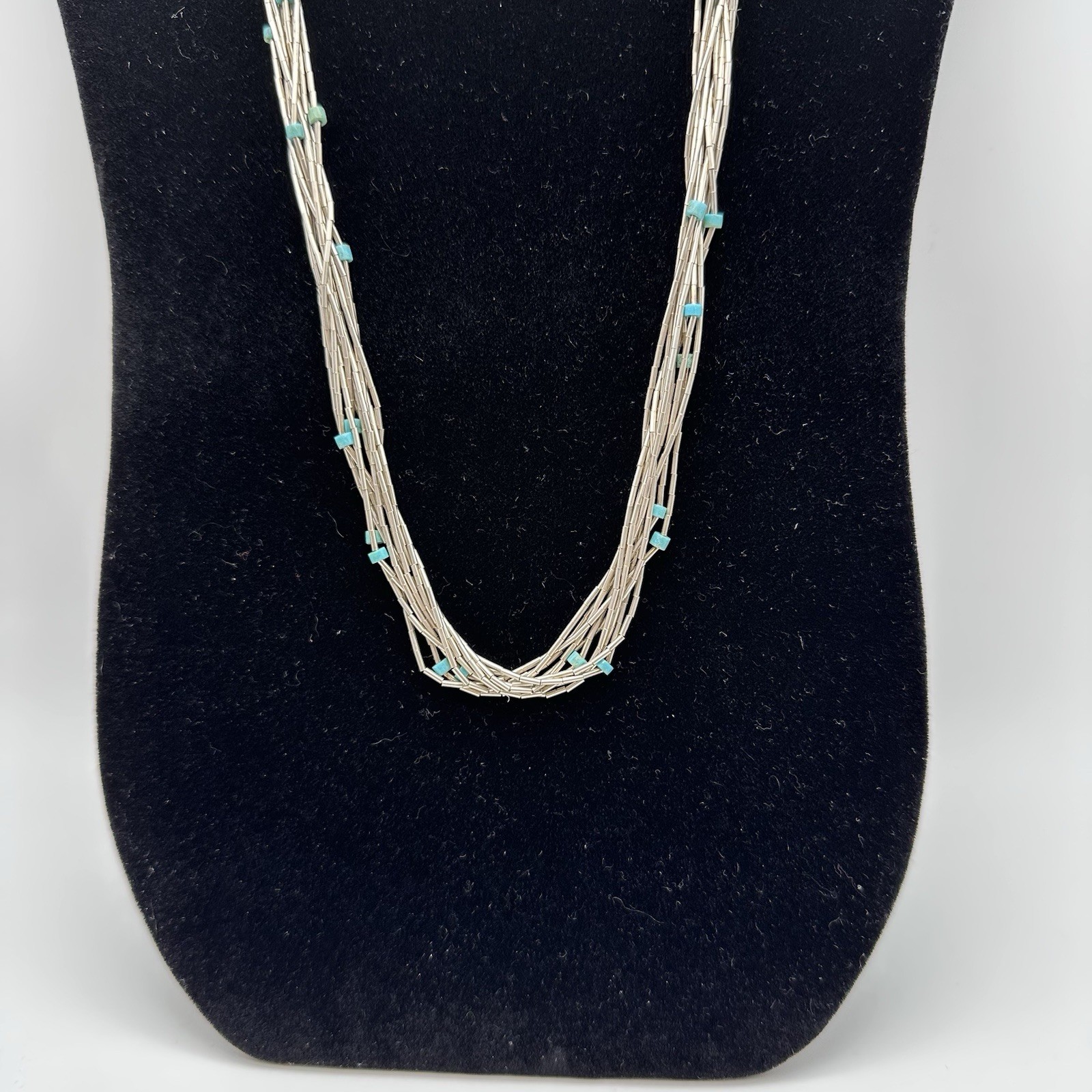 Liquid Sterling Silver & Turquoise Native American Necklace 25”, 10 Strand Vintg