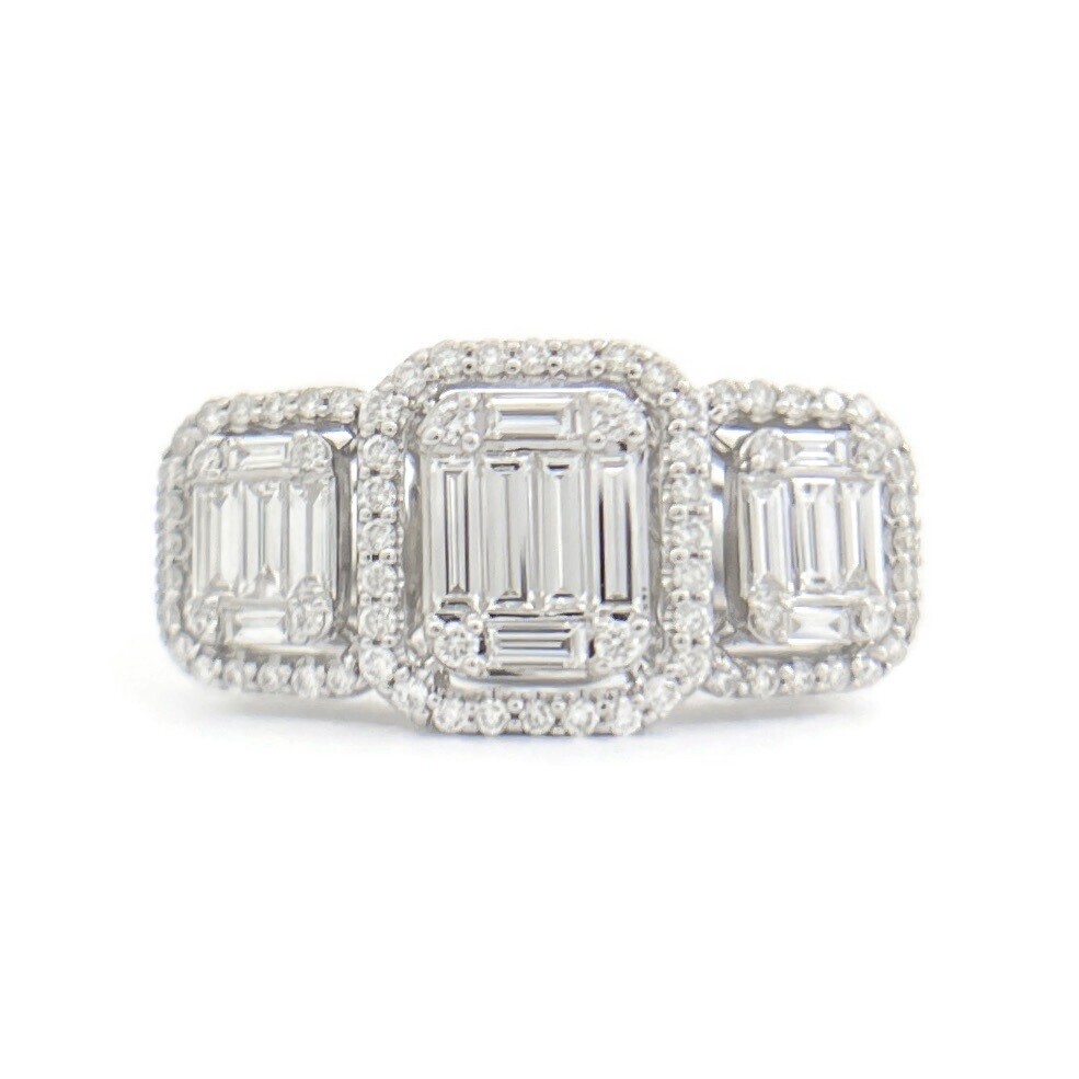 3-Stone Rectangle Diamond Cluster Halo Ring 14K White Gold, 1.65 CTW
