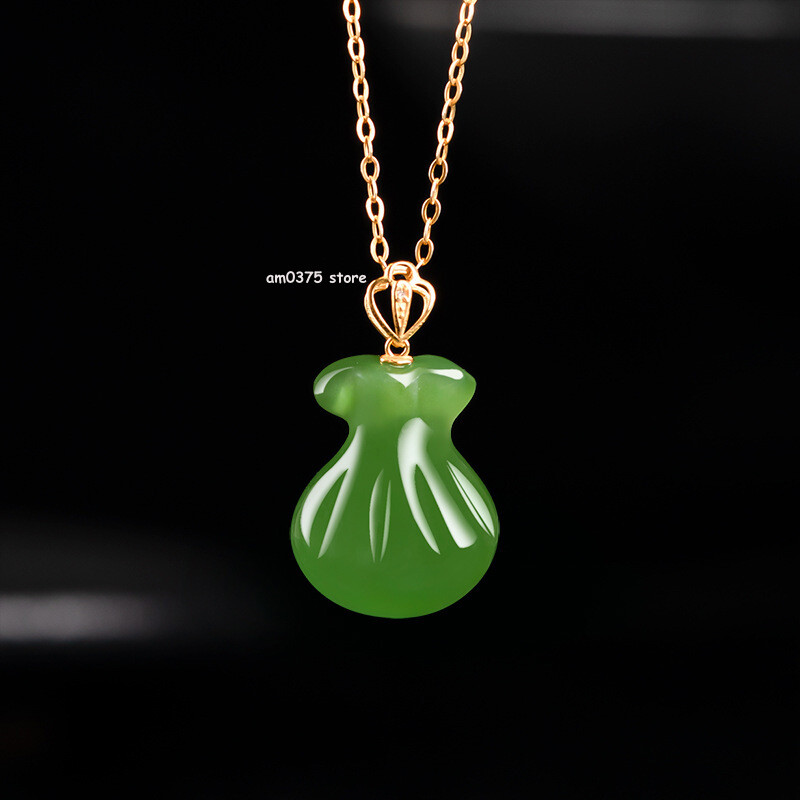 Real 18k Yellow Gold Natural Jasper Sapphire Jadeite Money Fu Bag Pendant Chain