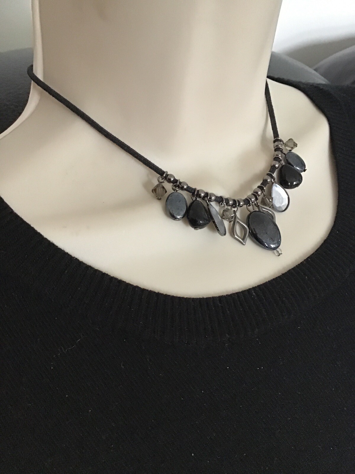 NEXT Necklace Diamanté & Beads on black Cord Lovely 36cm F1