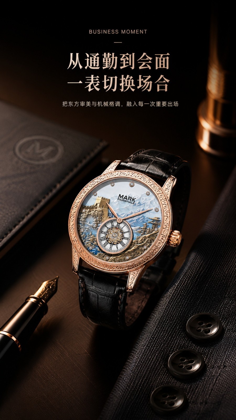 Mark Fairwhale Automatic Watch Men Great Wall Luxury Mechanical Luminous Leather
