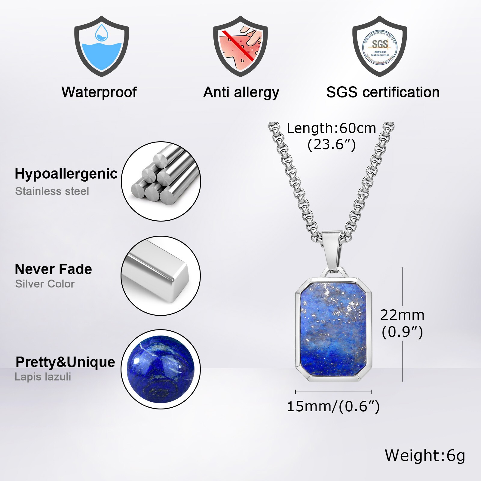 Stainless Steel Necklace Square Lapis Lazuli Pendant Tiger Eye Stone Premium