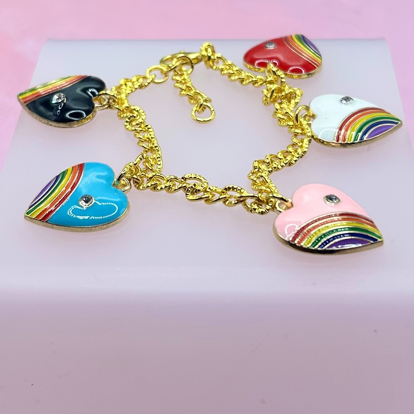 Gold Rainbow & Diamante Heart Pendant Charm Bracelet – New Handmade Unique