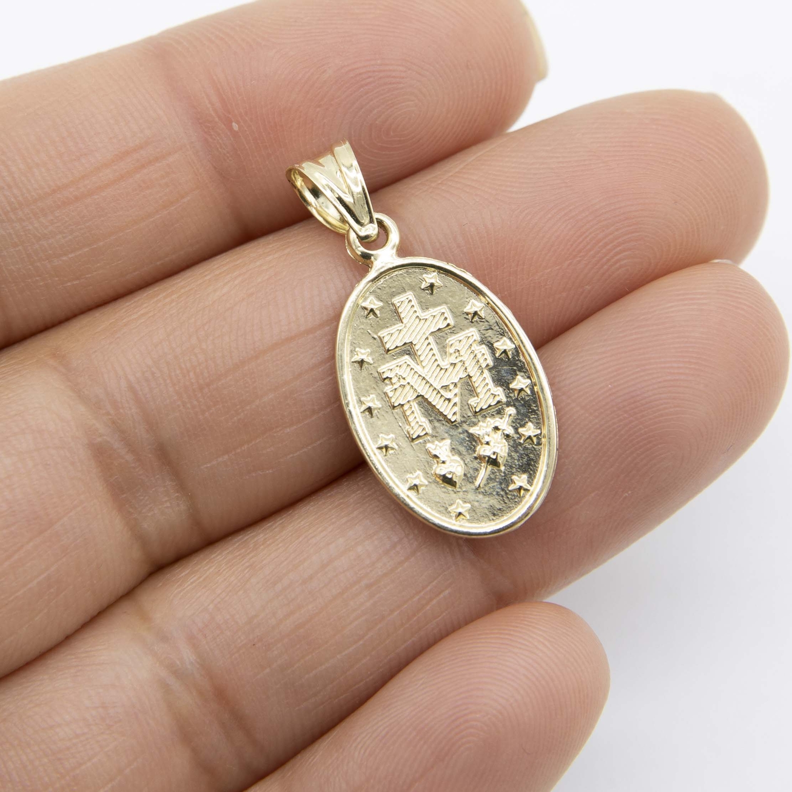 1 1/4″ Oval Textured Miraculous Mary Pendant Real 14K Yellow Gold