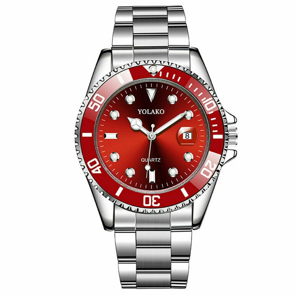 Classic Luxury Mens Stainless Steel Red Watch Casual Analog Date Quartz Wrist