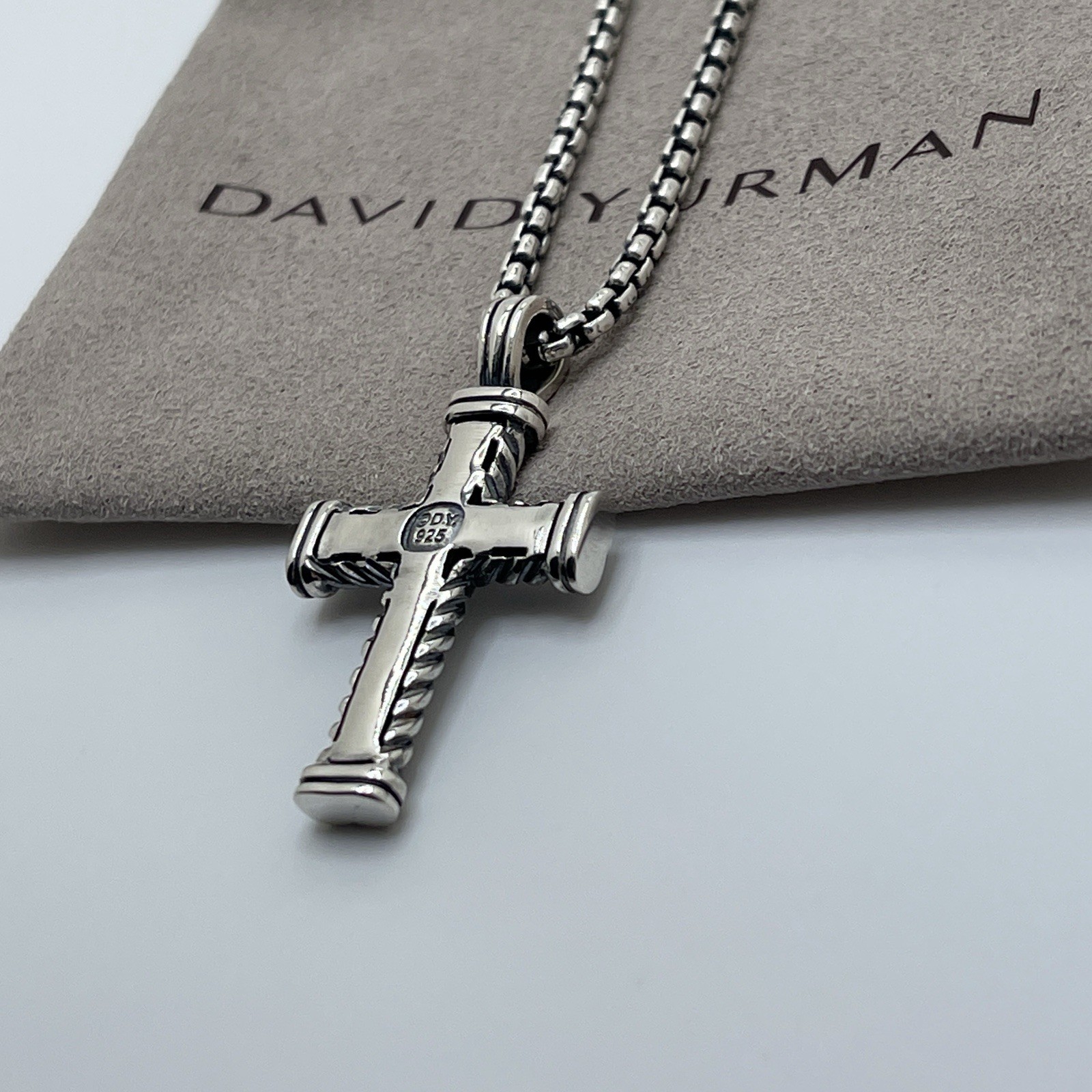 David Yurman Sterling Silver Chevron Cross Pendant & Chain 20”