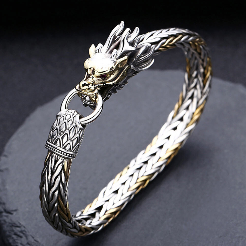 Pure S925 Sterling Silver Chain Dragon Head Wheat Link Bracelet 7.1-7.9inch