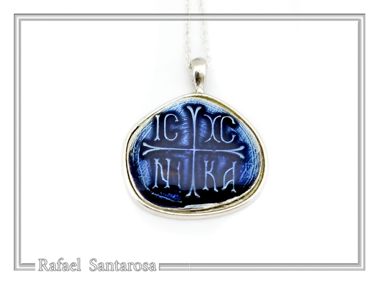Protection cross coinshape Jesus Christ Wins silver enamel talisman charm