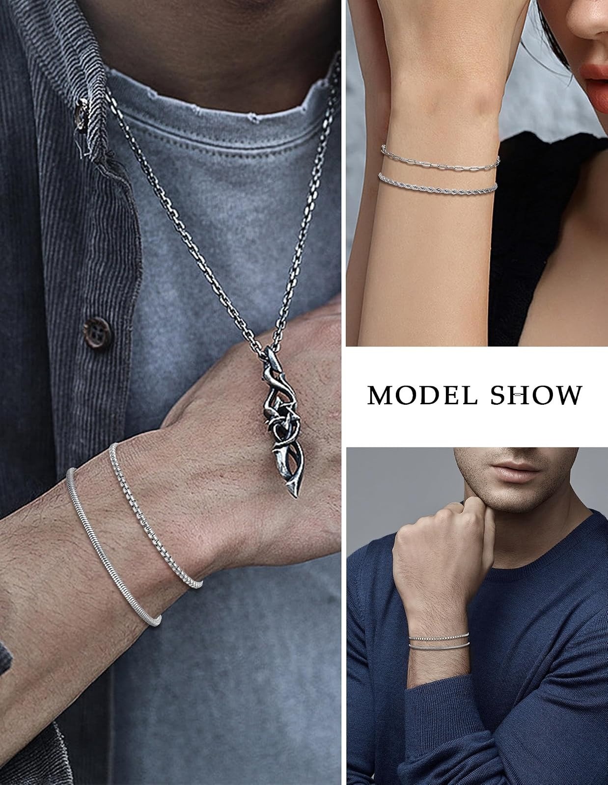 6Pcs Stainless Steel Chain Bracelets Set for Men Women Adjustable