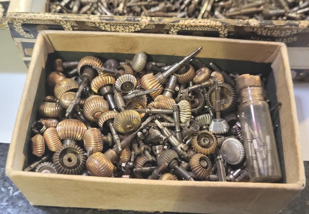 Cigar box of American Pocket watch stems, crowns, sleeves 1,000’s of pieces #1