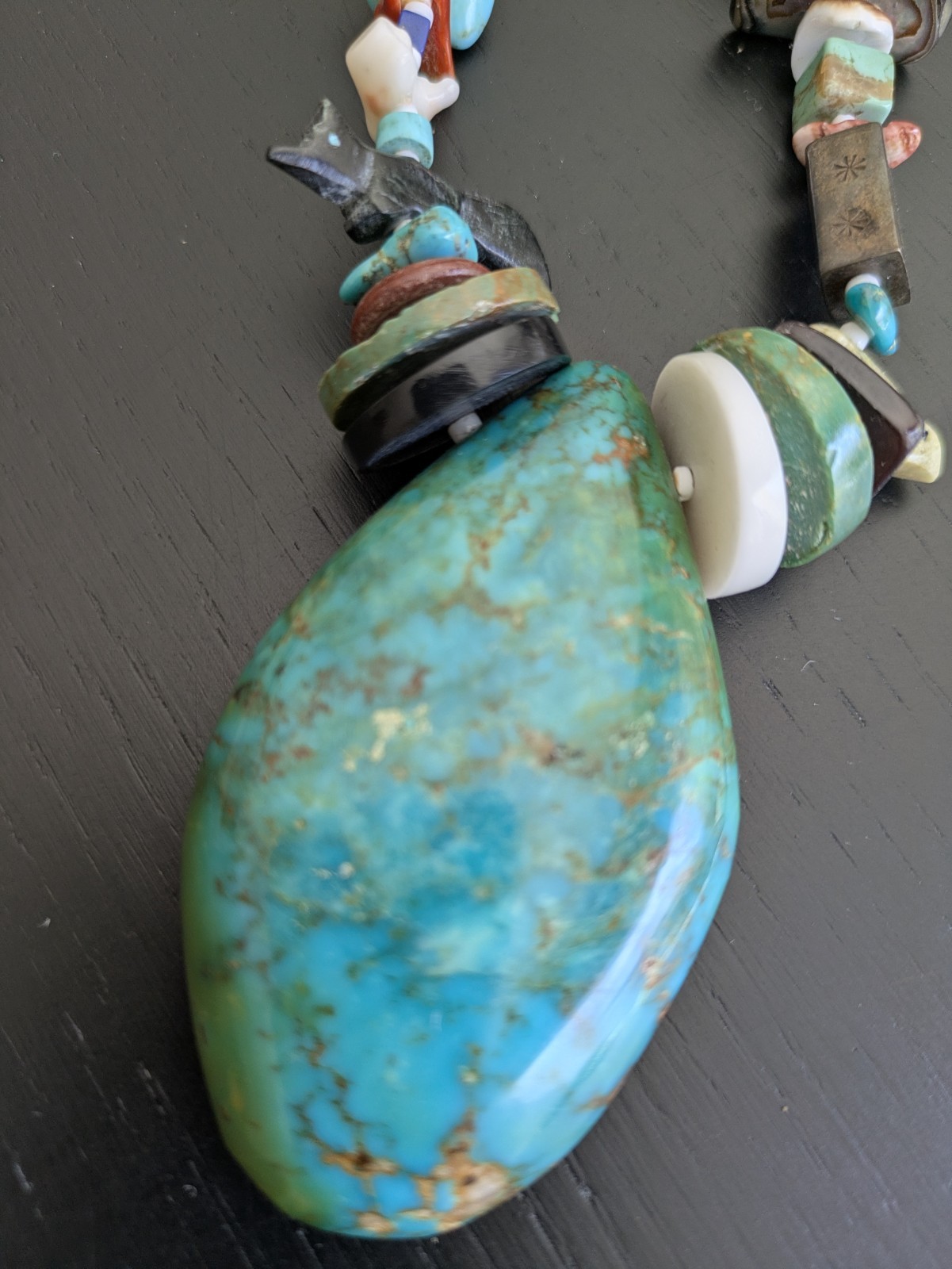 Native American 1970’s Treasure Necklace W/Large Turquoise Pendant & Fetishes