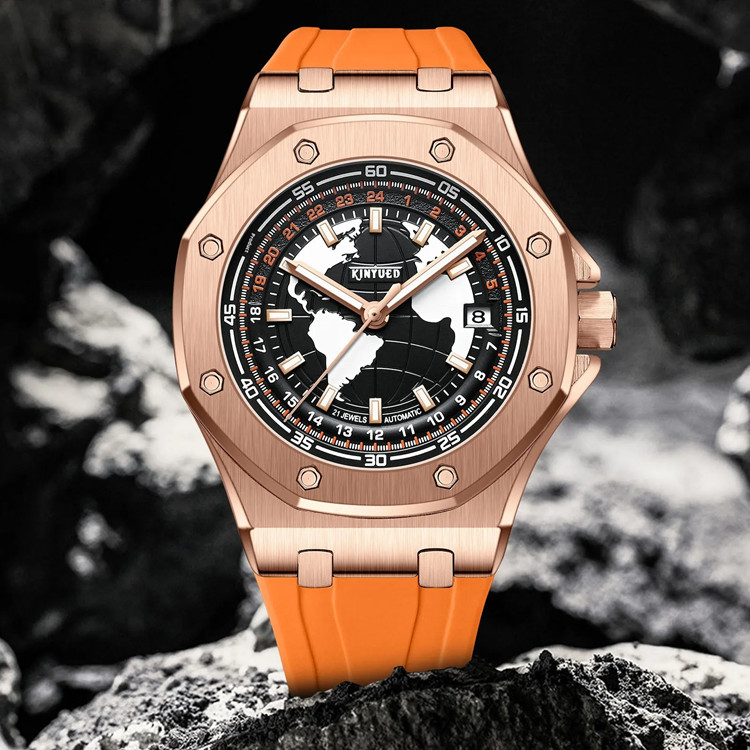Men’s Full Automatic Mechanical Octagon Watch 12/24Hours 3 Hands Date 3Atm 3 Col